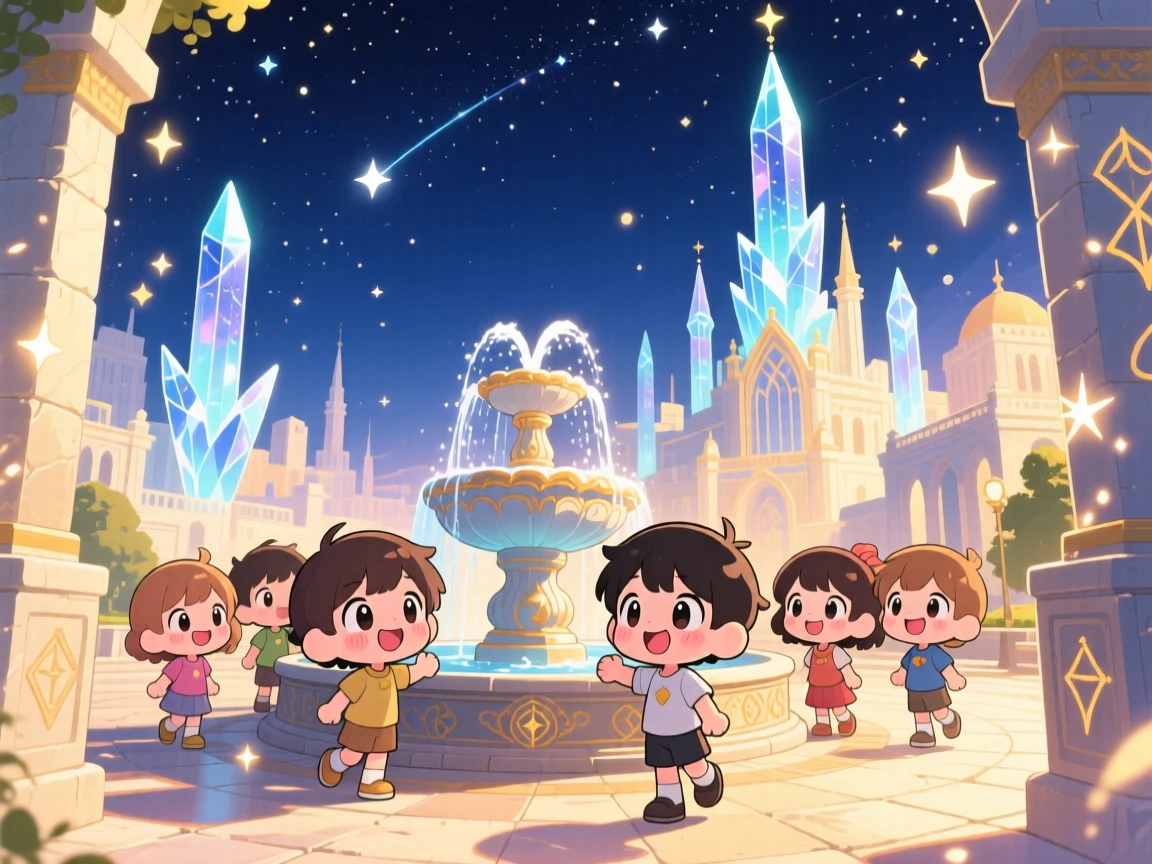 Children playing near a fountain in a crystal-spired city, framed as a waist-up portrait within a glowing magical city plaza, under a starry midsummer night sky, glowing under soft golden-hour sunlight, evoking shy bashfulness.