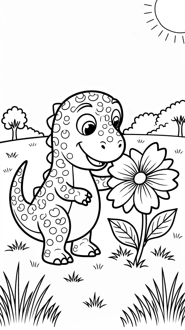 A young dinosaur discovering its first flower in a meadow