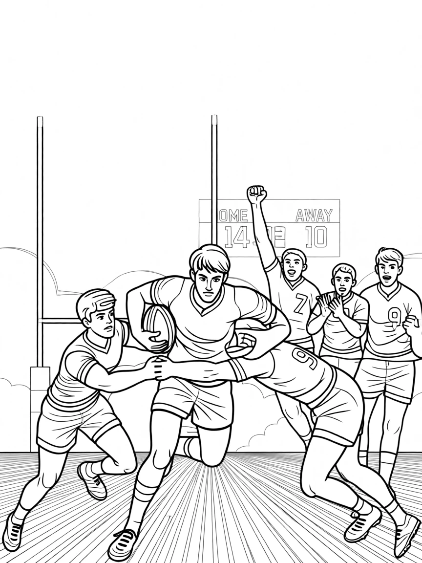 A rugby player breaking through a tackle, with teammates celebrating just behind.