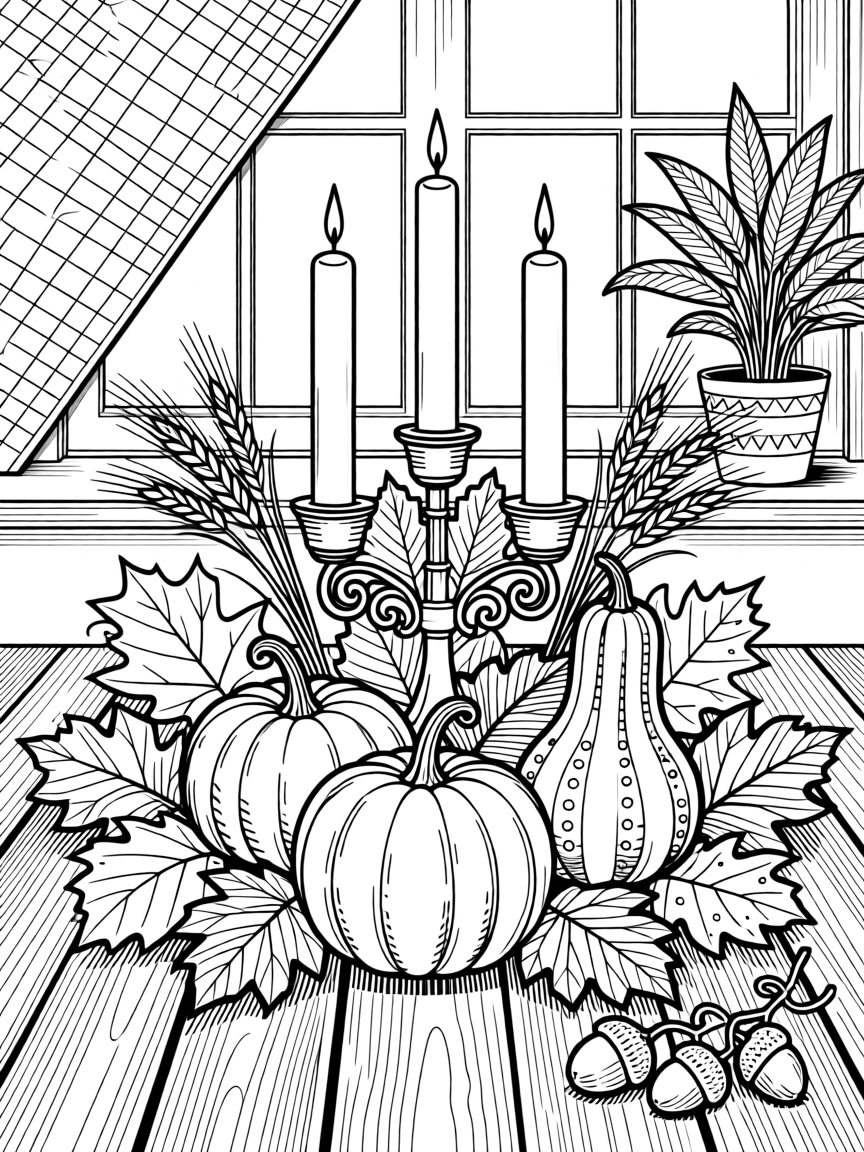 A Thanksgiving centerpiece scene with candles, gourds, and autumn leaves.