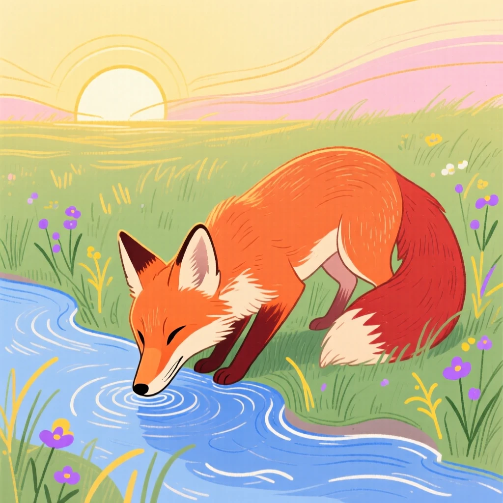 A curious fox drinking from a stream in a sunlit meadow at sunrise.