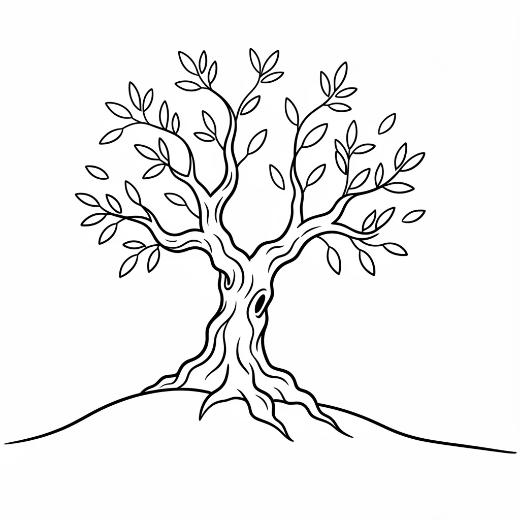 A single gnarled olive tree growing on a sunlit Mediterranean hillside