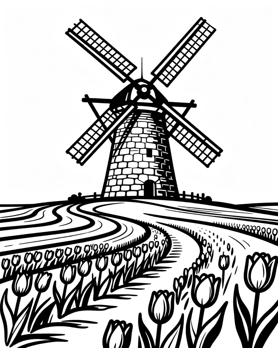 A rustic stone windmill standing in a Dutch tulip field.