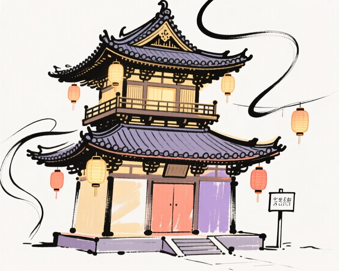 A traditional pagoda temple glowing with lanterns at dusk.
