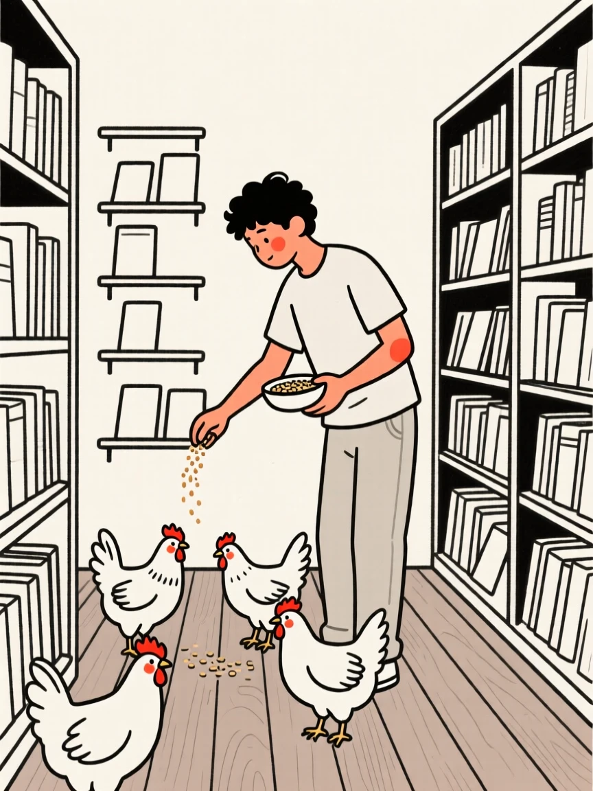 A young man of Brazilian heritage feeding chickens on a small farm, inside a vintage bookstore.