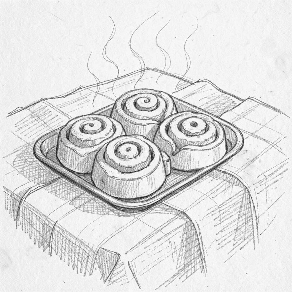A cozy food scene featuring a tray of warm cinnamon rolls atop a linen tablecloth, with steam rising gently into the light.