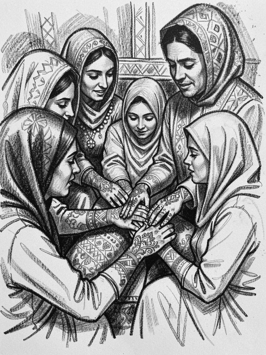 A Moroccan wedding henna ceremony, with everyone gathered close together.