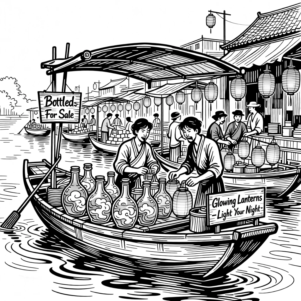 A floating market where merchants sell bottled clouds and glowing lanterns.
