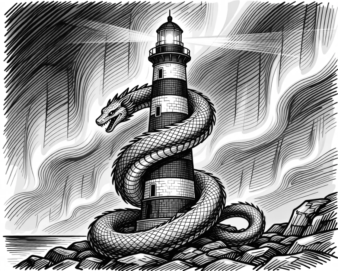 A sea serpent coiling around a lighthouse under a sky streaked with aurora light, with delicate scales catching the moonlight, forming a serene yet powerful fantasy scene.