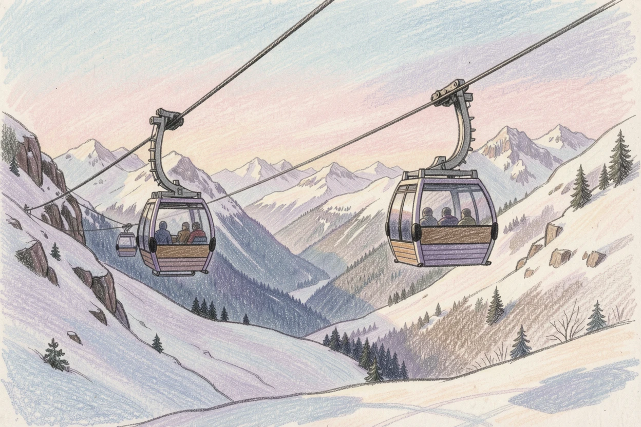A gondola lift crossing a snowy alpine valley, set against a softly lit, atmospheric backdrop, celebrating a moment people would love to revisit.