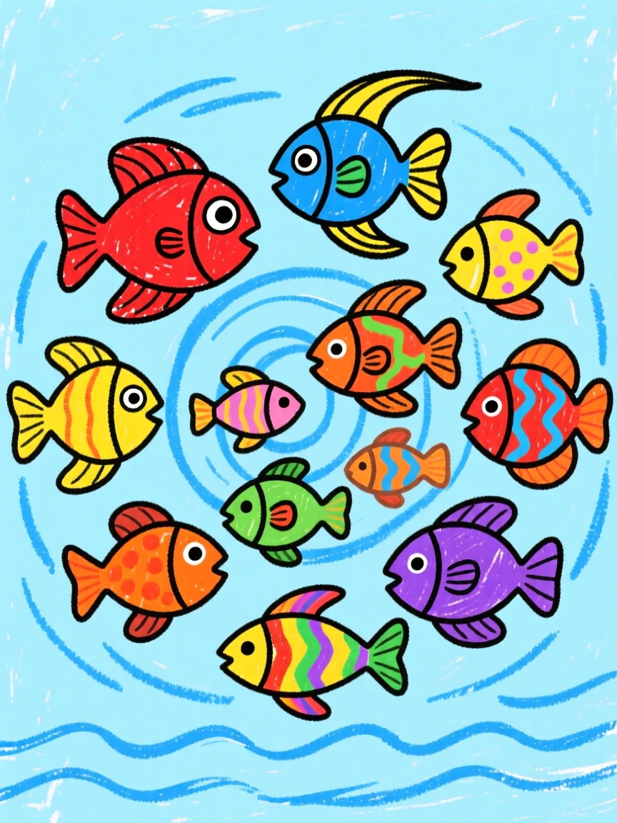 A colorful school of tropical fish swirling together.