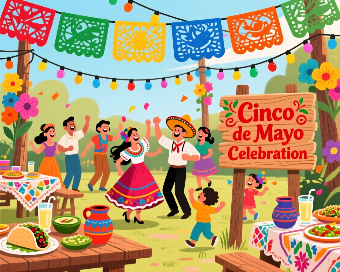 A festive Cinco de Mayo celebration with colorful papel picado, set within a beautifully decorated outdoor venue, framed to highlight the excitement of the special occasion, with a joyful sense of togetherness and celebration.