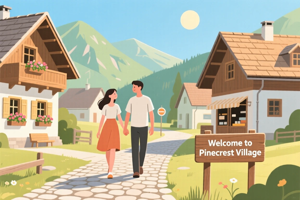 A summer scene of a couple walking in a mountain village.