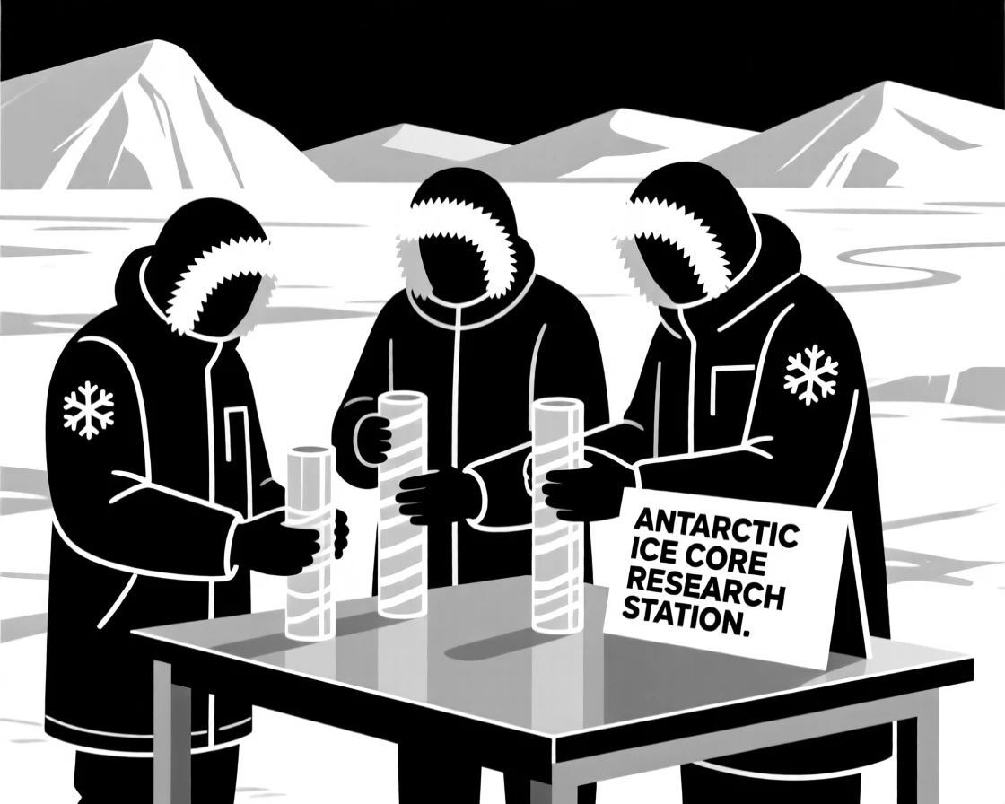 A research team examining ice core samples in Antarctica.