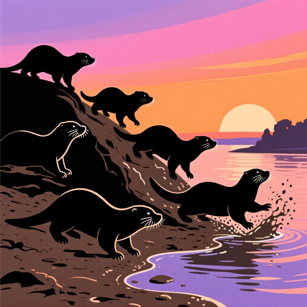 A group of otters playing on a riverbank, sliding through the mud.