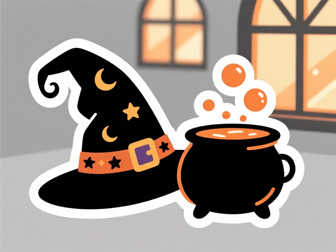 A festive and joyful witch's hat resting beside a bubbling cauldron, with warm light spilling from nearby windows, during a beloved yearly tradition.