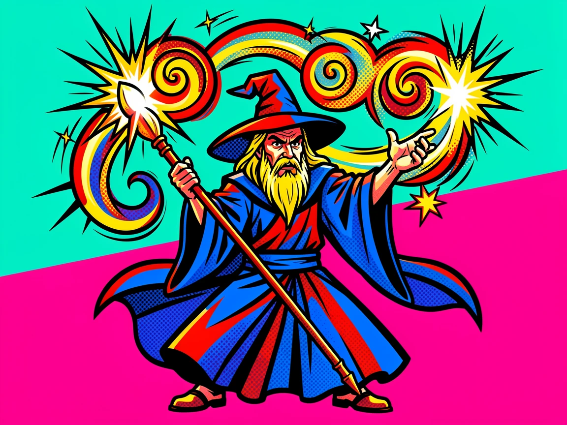 A wizard casting a spell with sparks swirling from his staff