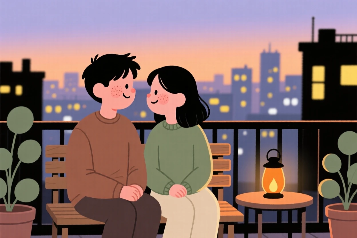 A couple shares a quiet moment on a rooftop terrace at dusk, exchanging a warm smile as the city lights begin to glow surrounds them.