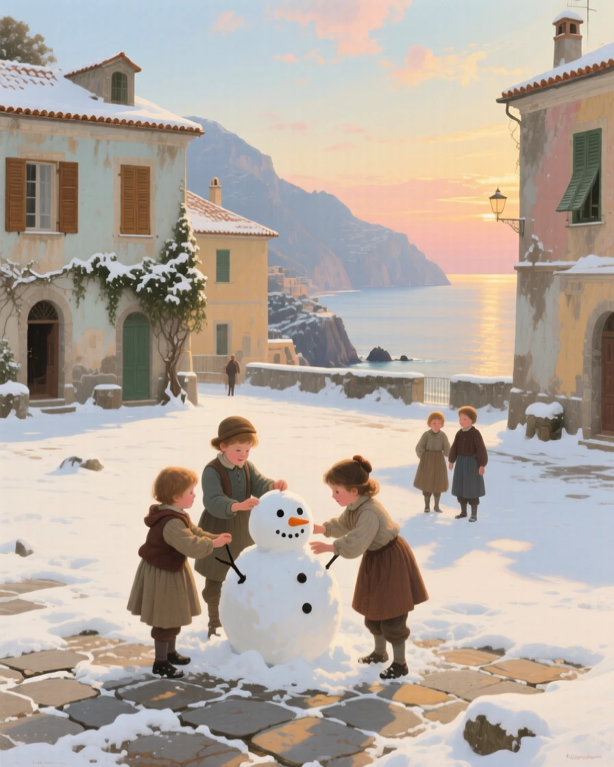 A well-framed scene of children building a snowman in a snow-covered village square, along the Amalfi coast, at golden hour.