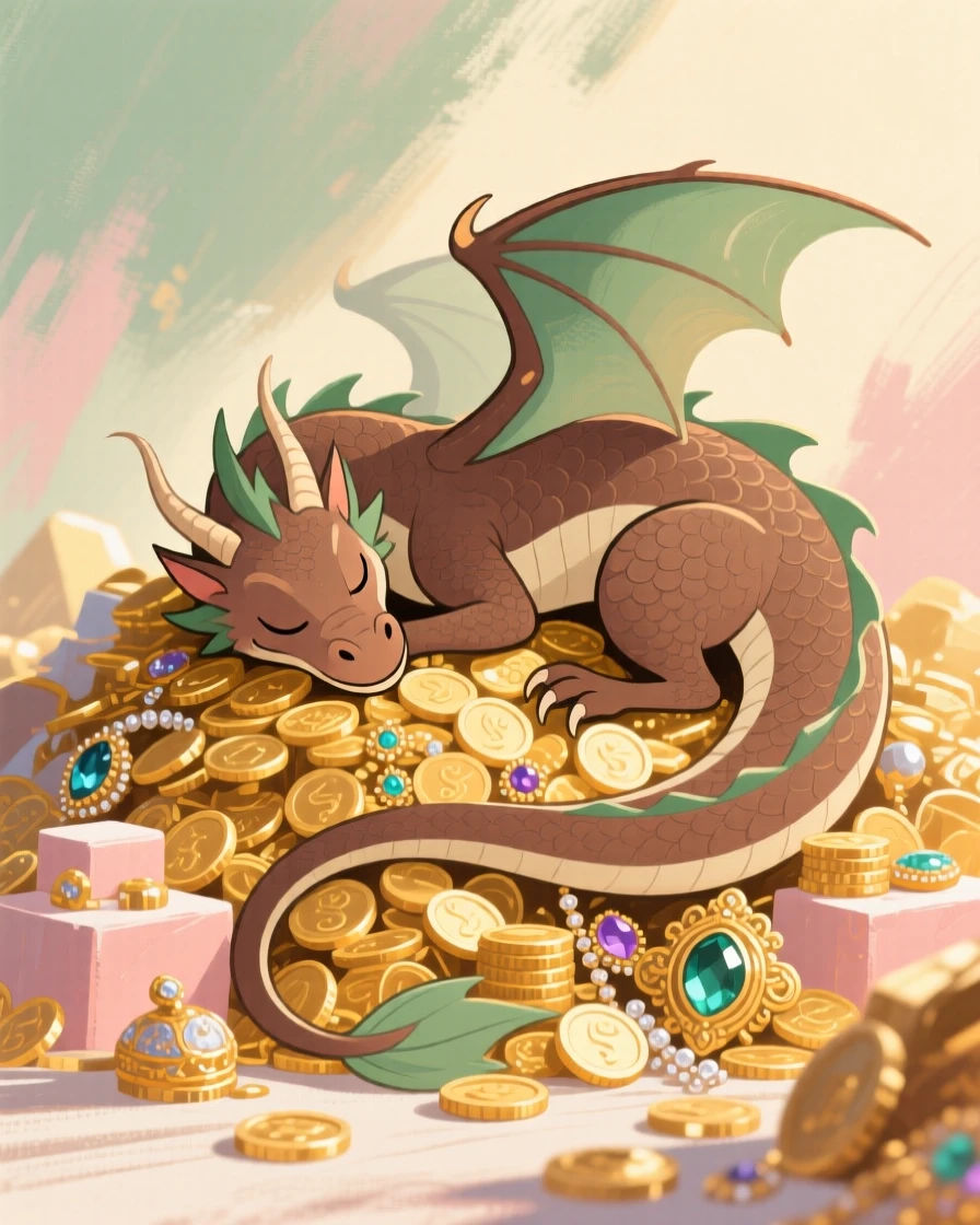 A dragon curled asleep atop a hoard of golden treasure