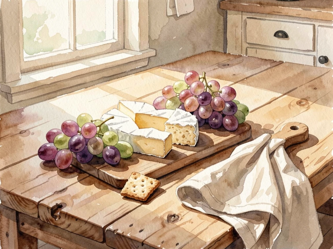 A picnic spread of cheese, grapes, and crackers on a farmhouse kitchen table beside a folded linen napkin.