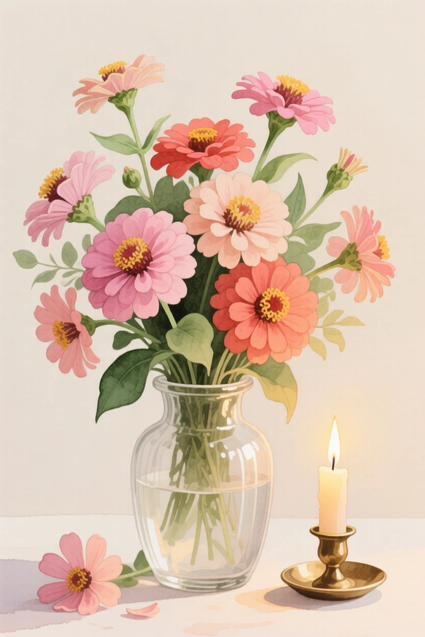 A bouquet of zinnias in soft, layered tones fills a vintage glass vase beside a flickering candle, petals catching the gentle light