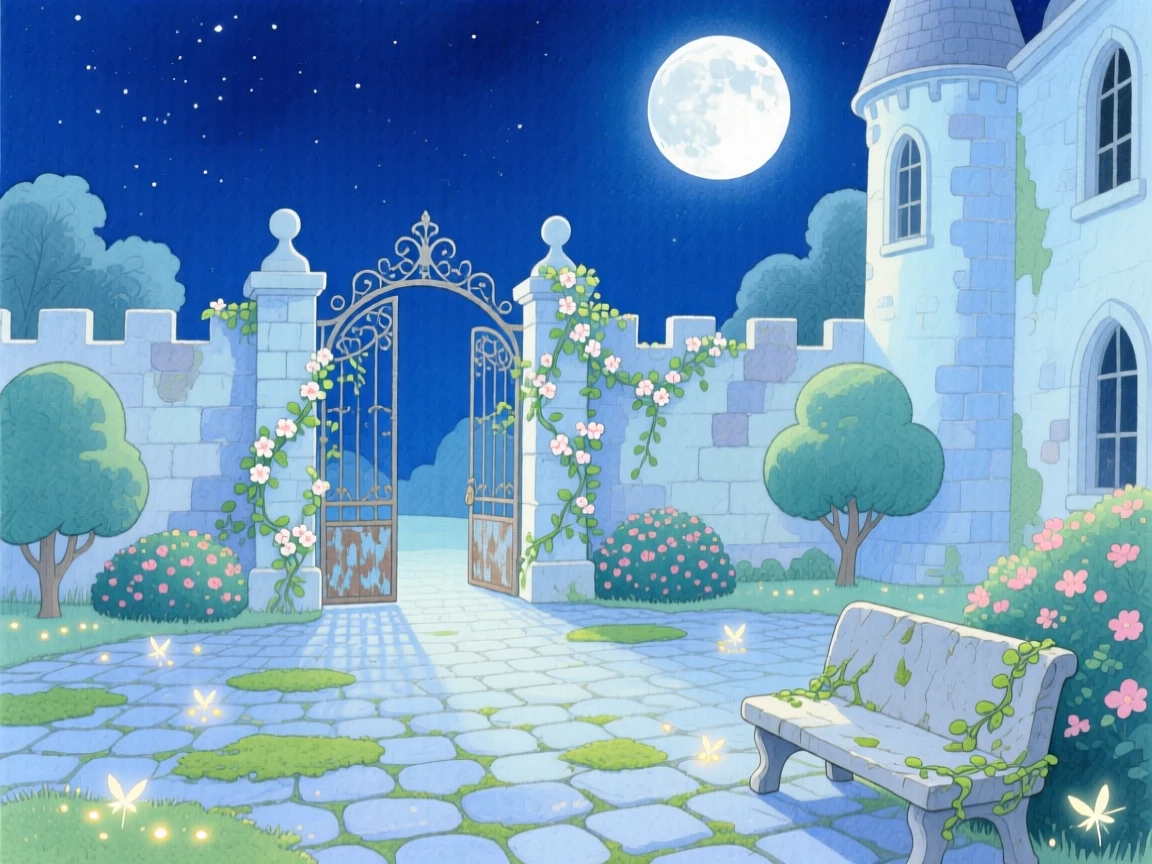 A moonlit courtyard of an abandoned fairy-tale palace, mysterious and inviting.