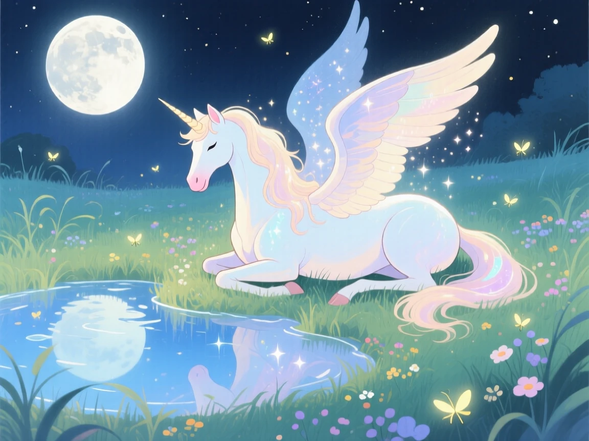 A majestic pegasus resting beside a crystal-clear pond under moonlight, in a moonlit meadow dotted with fireflies, radiating gentle magic and wonder.