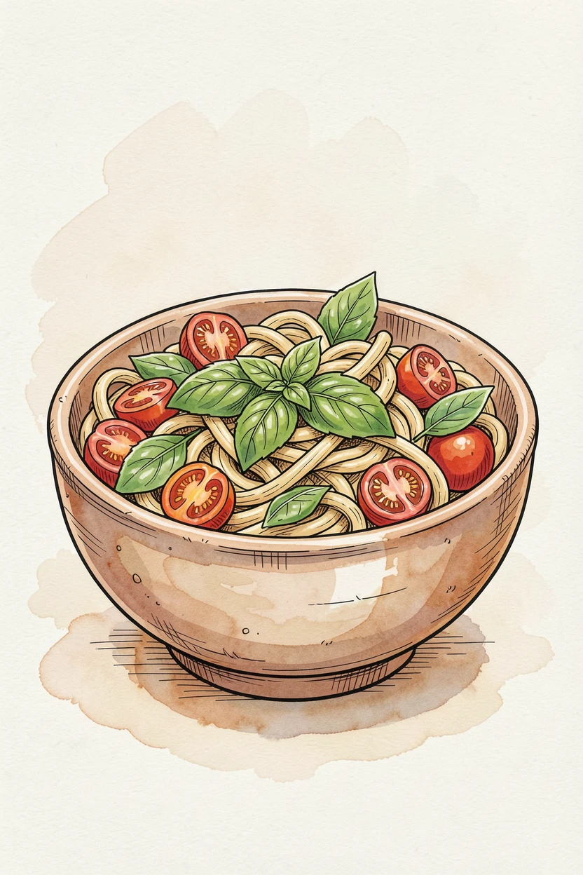 A rustic bowl of pasta tossed with fresh basil and cherry tomatoes, the aroma almost palpable in the soft afternoon light.
