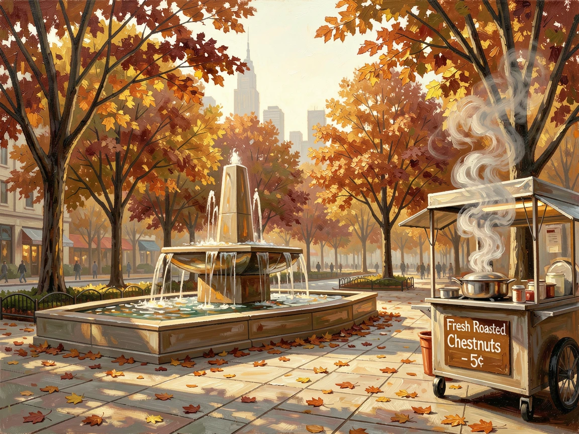 A busy urban plaza with a modern fountain, steam rising gently from a street food cart, beside a park with tall trees framing the skyline, during a golden autumn evening, leaves scattered along the sidewalks.
