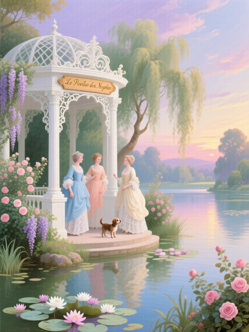 A white gazebo beside a lake full of water lilies  