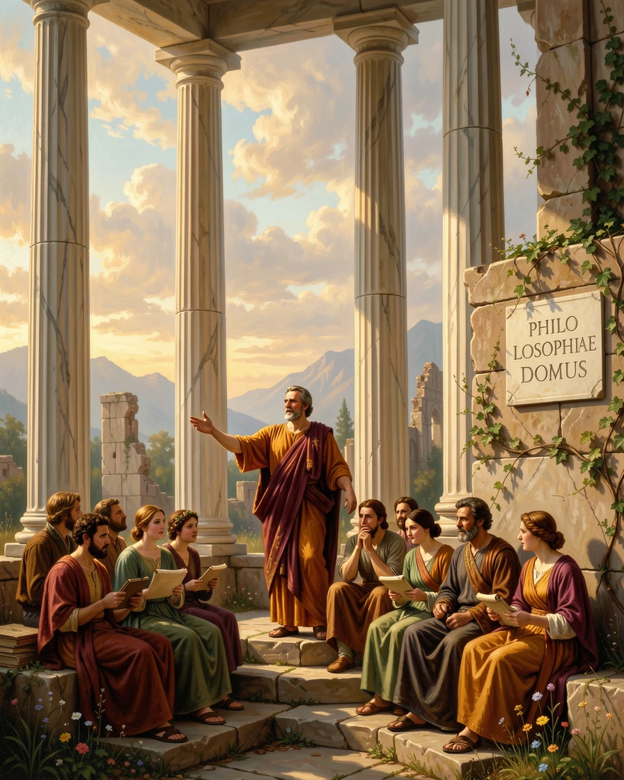 A philosopher lectures to students beneath the columns of an ancient academy.