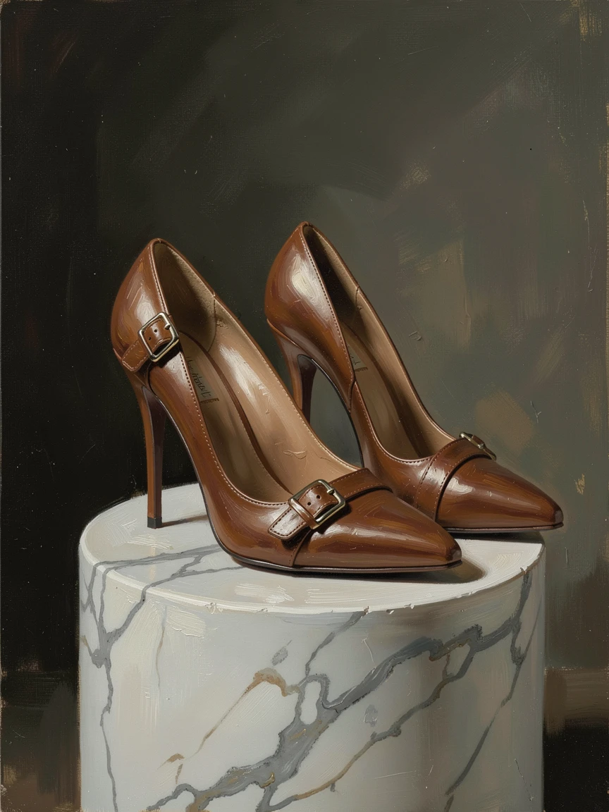 A pair of designer high heels displayed elegantly on a marble pedestal, with a timeless, refined composition throughout, celebrating the beauty found in fine craftsmanship and detail