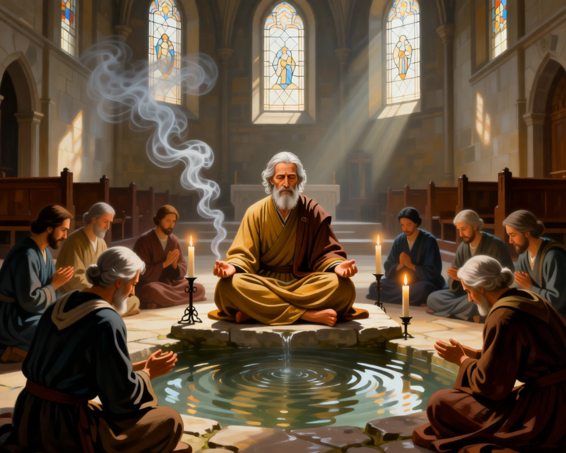 An elderly sage meditating beside a tranquil mountain spring as light seems to answer a silent prayer, set within a sunlit chapel filled with drifting incense smoke, with candles flickering steadily despite an unseen breeze; converging figures form a reverent circle around the central moment, radiating compassion, faith, and gentle hope.