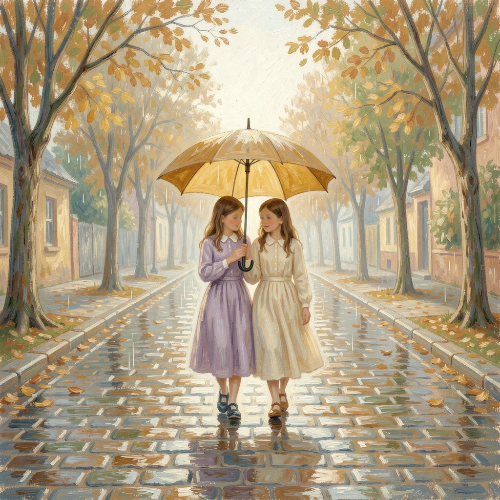 A pair of young sisters sharing an umbrella while walking home through a rain-soaked cobblestone street, in the golden days of autumn, capturing a moment of quiet intimacy.