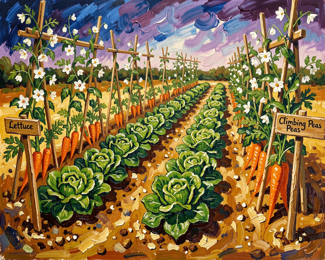 A kitchen garden with neat rows of lettuce, carrots, and climbing peas.
