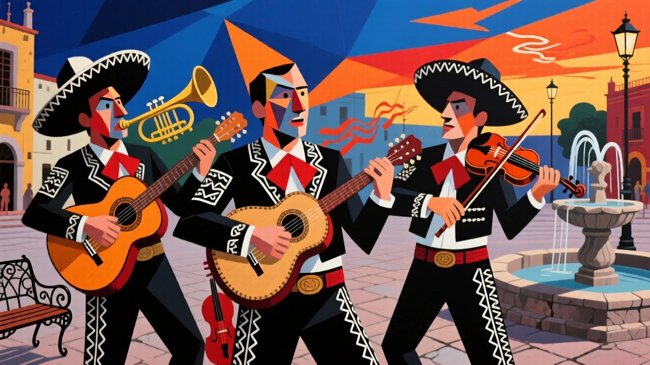 An energetic scene of a mariachi band performing in a plaza, captured during a lively summer evening.