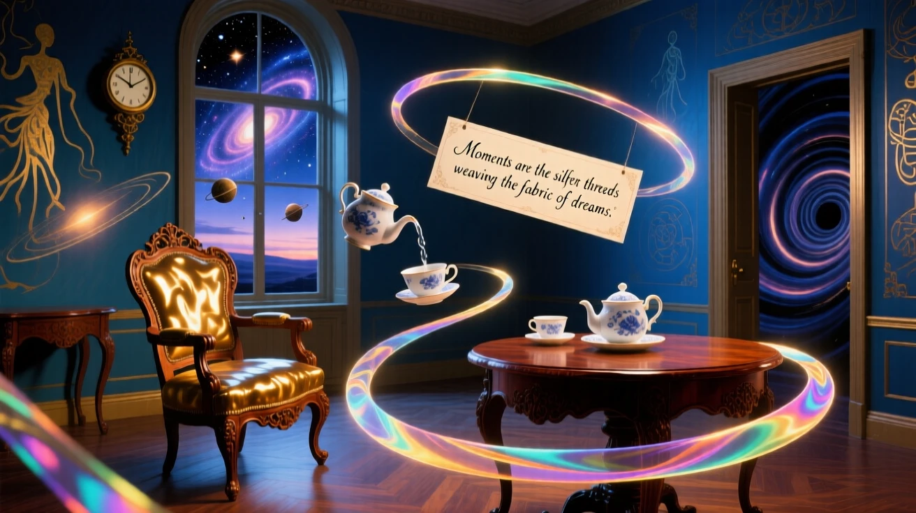 A room where furniture floats gently in slow, looping orbits seems to shift slightly each time it is glanced away from, as light bends unnaturally around every corner.