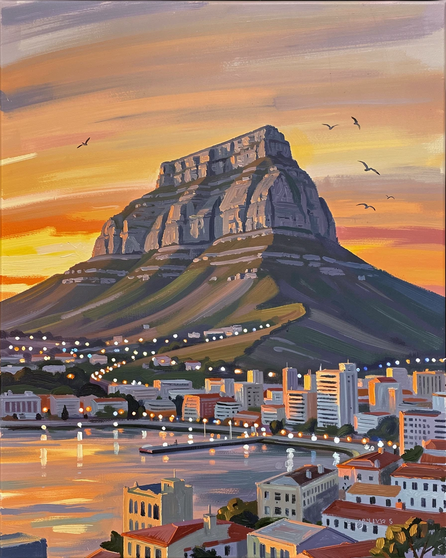A vibrant view of Cape Town shows Table Mountain looming over the city at sunset, harbor lights beginning to twinkle below, with the crisp, still air carrying only the faintest sounds of distant birdsong.