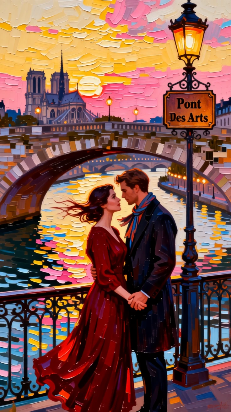 A couple sharing a quiet moment on a Parisian bridge overlooking the Seine at dusk