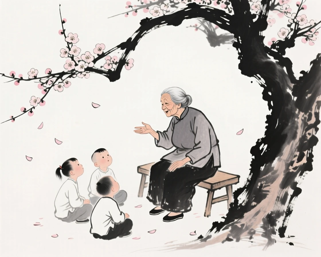A grandmother tells a story to her grandchildren beneath a blossoming tree, with petals drifting gently down around them.