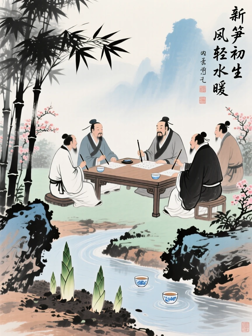An ancient scholar's garden party with guests composing poems on floating cups, as new bamboo shoots break through the soil, at midday, through a light drifting mist.