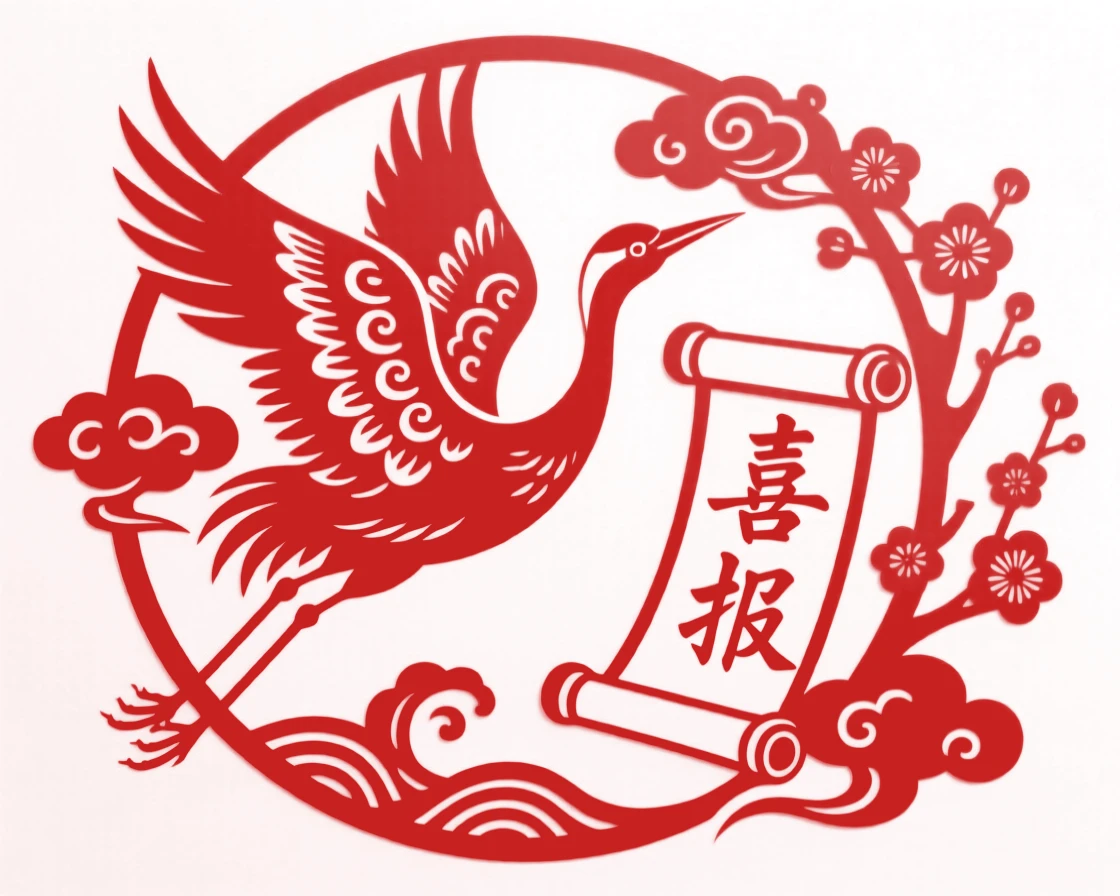 A crane in flight carrying a scroll in its beak, delivering a message of good news across the sky