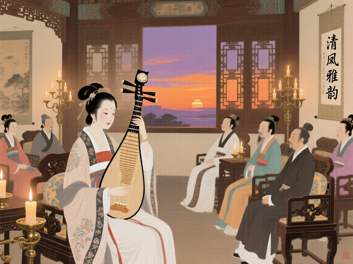 A court musician performing for nobles in a candlelit hall, as the last light of day fades over the horizon