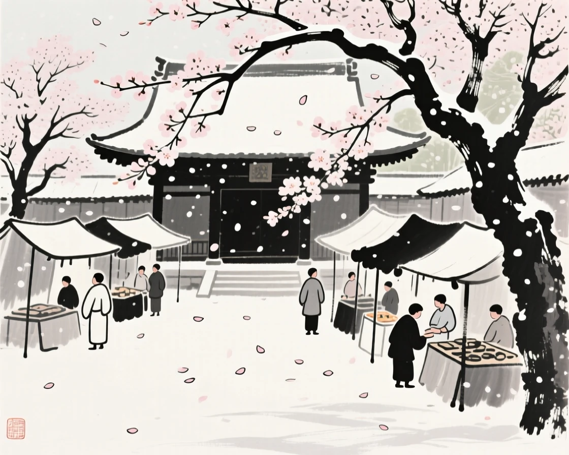 A spring morning market beneath blossoming trees within a quiet temple courtyard, framed through drifting petals or falling snow for depth, carrying a joyful yet peaceful atmosphere.