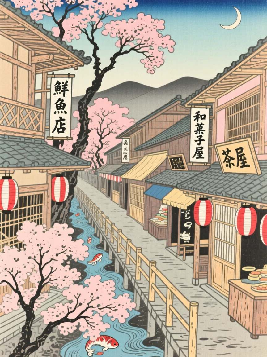 A covered wooden market street rising above blossoming cherry trees.