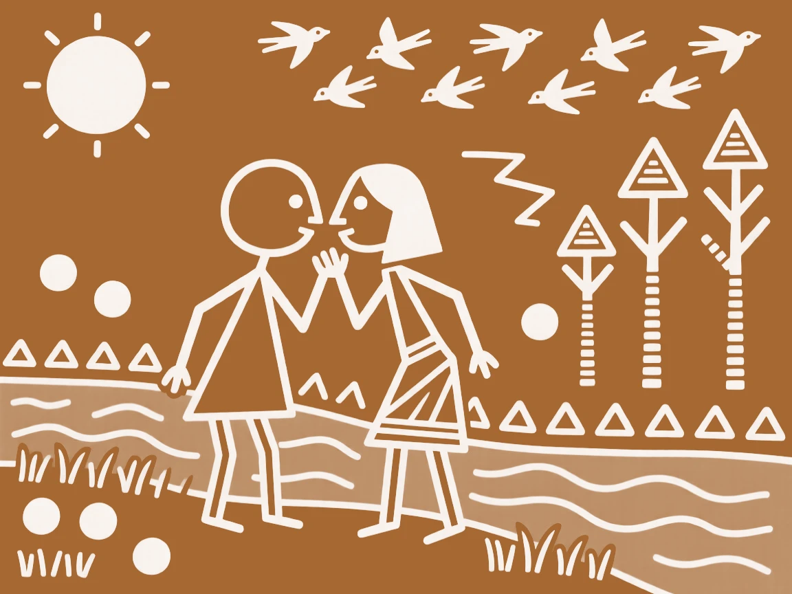 Two sweethearts whispering to each other beside a flowing river.