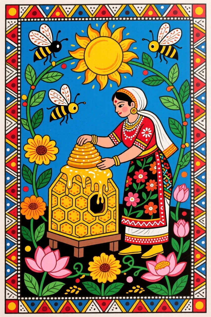 A beekeeper harvesting golden honey from a sunlit hive.