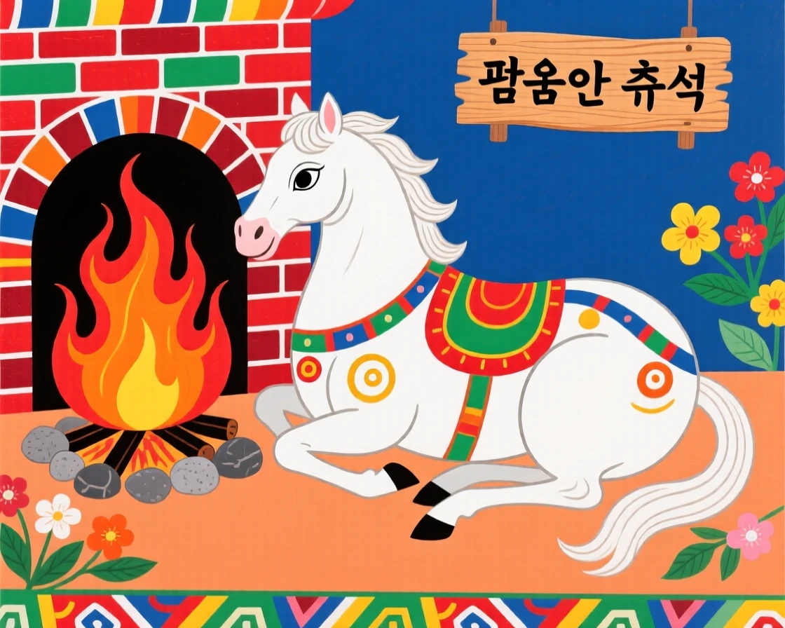 A proud white horse resting beside a warm hearth.