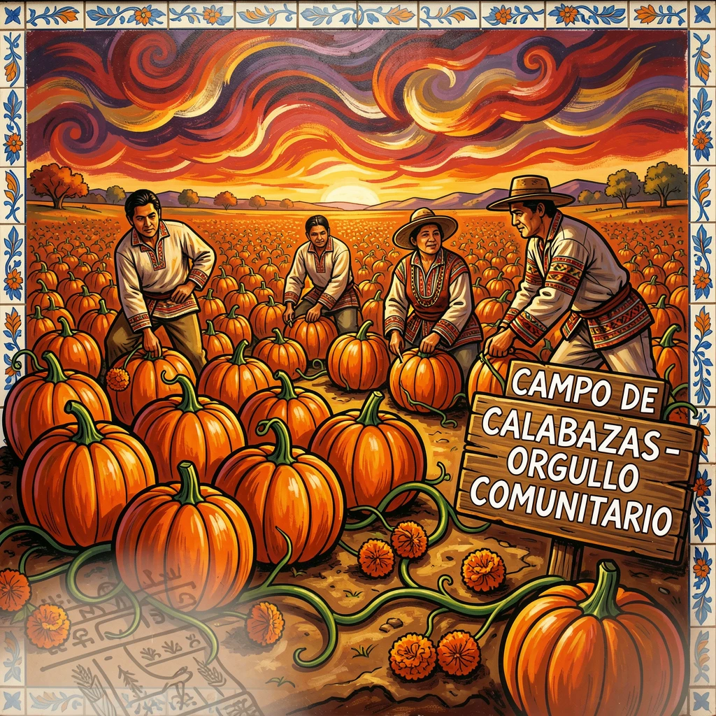 A pumpkin patch glowing orange under an autumn sky